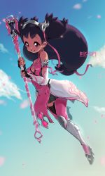 Rule 34 | 1girl, bare shoulders, big hair, boots, breasts, cosplay, creatures (company), dark-skinned female, dark skin, elbow gloves, female focus, fingerless gloves, floating, full body, game freak, gloves, hair ornament, hair ribbon, highres, iris (pokemon), leg armor, liline (liline 01), long hair, mercy (overwatch) (cosplay), nintendo, pink eyes, pink mercy, pleated skirt, pokemon, pokemon bw, purple hair, ribbon, skirt, sky, small breasts, smile, solo, staff, thigh boots, thighhighs, twintails, zettai ryouiki
