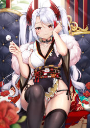 Rule 34 | 1girl, adjusting hair, antenna hair, arm up, azur lane, between legs, black choker, black kimono, black panties, black thighhighs, blurry, blurry foreground, blush, breasts, choker, cleavage, closed mouth, collarbone, couch, cross, douya (233), feet out of frame, floral print, flower, groin, headgear, highres, indoors, iron cross, japanese clothes, kimono, knee up, large breasts, long hair, looking at viewer, mimikaki, mole, mole on breast, multicolored hair, nail polish, obi, on couch, panties, pelvic curtain, petals, prinz eugen (azur lane), prinz eugen (profusion of flowers) (azur lane), red eyes, red flower, red hair, red nails, red ribbon, ribbon, sash, shawl, side-tie panties, sideboob, silver hair, sitting, smile, solo, streaked hair, swept bangs, tassel, thighhighs, two side up, underwear, very long hair