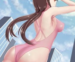 Rule 34 | 1girl, armpits, ass, blue sky, breasts, brown hair, building, butt crack, cloud, day, dutch angle, giant, giantess, glasses, highres, long hair, makinami mari illustrious, neon genesis evangelion, one-piece swimsuit, pink one-piece swimsuit, rebuild of evangelion, red-framed eyewear, ruaranhroi, shiny skin, sky, skyscraper, solo, swimsuit, thighs, twintails