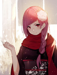 Rule 34 | 1girl, black bow, black kimono, bow, braid, closed mouth, commentary request, floral print, flower, hair bow, hair flower, hair ornament, hair over shoulder, hand up, head tilt, highres, japanese clothes, kimono, kisui (28992125), long hair, long sleeves, looking at viewer, obi, original, outdoors, pink eyes, pink hair, red scarf, sash, scarf, single braid, smile, snowing, solo, swept bangs, upper body, white flower, wide sleeves, winter