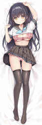 1girl amanagi_seiji arm_up black_hair black_sailor_collar black_thighhighs blue_neckerchief blush bra breasts cameltoe clothes_lift dakimakura_(medium) full_body grey_skirt highres large_breasts looking_at_viewer neckerchief nipples on_bed original panties plaid_bra plaid_clothes plaid_panties sailor_collar shirt shirt_lift skirt smile solo thighhighs underwear white_shirt yellow_eyes