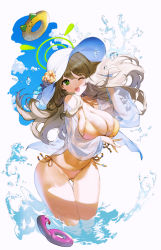 Rule 34 | 1girl, absurdres, bare shoulders, bikini, blue archive, breasts, brown hair, cameltoe, cleavage, floating hair, gluteal fold, green eyes, halo, hat, highres, large breasts, long hair, looking at viewer, nike (nike1060), nonomi (blue archive), nonomi (swimsuit) (blue archive), one eye closed, open mouth, see-through, shirt, side-tie bikini bottom, smile, solo, string bikini, sun hat, swimsuit, thigh gap, thighs, wading, white background, white hat, white shirt, yellow bikini