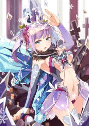 Rule 34 | 1girl, arm up, blue eyes, blue hair, bridal gauntlets, cross, detached sleeves, hair ornament, leotard, looking at viewer, matching hair/eyes, multicolored hair, purple hair, selenoring, solo, souseiki aster gate, string, thighhighs, twintails
