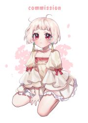 Rule 34 | 1girl, ahoge, arm support, between legs, blunt bangs, blush, bon (bony 53), bow, cherry blossom print, choker, closed mouth, collarbone, commentary request, commission, copyright request, dress, earrings, floral print, frilled dress, frills, frown, full body, hand between legs, highres, jewelry, long sleeves, looking at viewer, red bow, red eyes, short hair, sitting, solo, wariza, white background, white choker