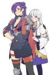 Rule 34 | 2girls, armor, asymmetrical clothes, blunt bangs, blush, breasts, cape, choker, cleavage, crushing, fire emblem, fire emblem: three houses, fire emblem warriors: three hopes, gloves, hair bun, hair over one eye, height difference, highres, holding, long hair, long sleeves, lysithea von ordelia, medium breasts, multiple girls, nintendo, official alternate costume, official alternate hairstyle, pantyhose, petite, pink eyes, purple eyes, purple hair, radiostarkiller, shez (female) (fire emblem), shez (fire emblem), single hair bun, size difference, white hair, yuri
