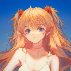 Rule 34 | 1girl, bare shoulders, blue background, blue eyes, choker, collarbone, dress, expressionless, gradient background, hairpods, highres, long hair, looking at viewer, neon genesis evangelion, orange hair, portrait, simple background, solo, souryuu asuka langley, spaghetti strap, sundress, two side up, very long hair, white choker, xian520041, yellow dress