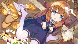 Rule 34 | 1girl, ahoge, alternative girls, animal ears, arimura shion, arms up, blue dress, blue eyes, bread, brown hair, cat, clipboard, cream, dog ears, dress, fallen down, food, food on hair, fruit, long hair, no shoes, on floor, open mouth, pantyhose, paper, paw pose, see-through, sitting, spill, tears, toes, tsubasa tsubasa, white pantyhose