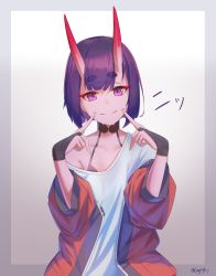 1girl absurdres bad_id bad_pixiv_id blush bob_cut breasts collarbone contemporary eyeliner fate/grand_order fate_(series) fingersmile highres horns long_sleeves looking_at_viewer makeup oni purple_eyes purple_hair sawarineko short_eyebrows short_hair shuten_douji_(fate) skin-covered_horns small_breasts smile