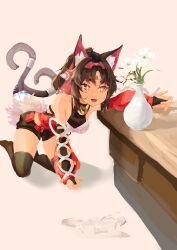 Rule 34 | 1girl, absurdres, animal ear fluff, animal ears, barcode, bare shoulders, bell, black bridal gauntlets, black shorts, black thighhighs, breasts, bridal gauntlets, broken glass, cat ears, cat girl, cat tail, dark-skinned female, dark skin, detached sleeves, flower, glass, hairband, highres, kabujinuo, long hair, multiple tails, nekomata, nekomiya mana, open mouth, parted bangs, red eyes, red hairband, red sleeves, shorts, small breasts, solo, sparkling eyes, tail, thighhighs, triangle facial mark, two tails, vase, white flower, zenless zone zero