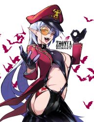 Rule 34 | 1girl, :d, bat (animal), black gloves, breasts, character name, commentary request, fangs, gloves, hat, highres, long hair, looking at viewer, medium breasts, military hat, monocle, open mouth, original, peaked cap, red eyes, revealing clothes, ryuu tou, slit pupils, smile, solo, tattoo, twisted torso, vampire, very long hair, white background, white hair