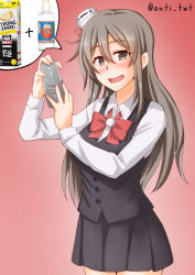 Rule 34 | 1girl, alcohol, anti (untea9), bare legs, bartender, breasts, brown eyes, cocktail shaker, collared shirt, gradient background, grey hair, grey skirt, grey vest, hat, highres, kantai collection, large breasts, long sleeves, mini hat, miniskirt, pleated skirt, pola (kancolle), product placement, red background, red neckwear, shirt, skirt, speech bubble, tilted headwear, twitter username, vest, wavy hair, white shirt