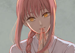 Rule 34 | 1girl, black necktie, braid, braided ponytail, breasts, business suit, chainsaw man, collared shirt, formal, grey background, iso, light smile, long sleeves, looking at viewer, makima (chainsaw man), medium breasts, medium hair, necktie, neckwear request, ringed eyes, shirt, simple background, smile, solo, suit, yellow eyes