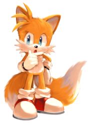 Rule 34 | 1boy, animal ears, animal nose, antenna hair, blue eyes, child, commentary request, fox boy, fox ears, fox tail, full body, furry, furry male, gloves, highres, looking to the side, male focus, misuta710, multiple tails, open mouth, orange fur, red footwear, shoes, simple background, solo, sonic (series), tail, tails (sonic), two tails, white gloves