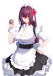 Rule 34 | alternate costume, apron, artist request, brass knuckles, breasts, cigarette, fate/grand order, fate (series), flower, hair between eyes, hair flower, hair ornament, highres, large breasts, long hair, looking at viewer, maid, maid apron, maid headdress, purple hair, red eyes, scathach (fate), solo, tagme, transparent background, weapon, white background