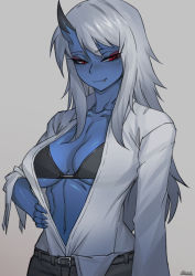 Rule 34 | 1girl, black bra, black pants, blue skin, bra, breasts, cleavage, closed mouth, collarbone, collared shirt, colored skin, demon girl, fang, grey background, grey hair, hair between eyes, hand on own hip, horns, kimiko (zakusi), large breasts, long sleeves, looking at viewer, navel, oni, oni horns, open clothes, open shirt, original, pants, red eyes, shirt, signature, simple background, solo, underwear, white shirt, zakusi
