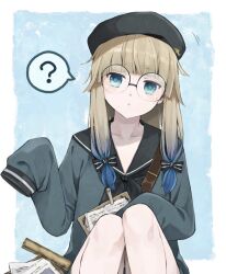 Rule 34 | ?, beret, black hat, black sailor collar, blue hair, blue shirt, clipboard, fate/grand order, fate (series), glasses, gradient hair, green eyes, hat, kino kokko, knees up, light brown hair, long hair, long sleeves, looking at viewer, multicolored hair, nemo (fate), paper, professor nemo (fate), round eyewear, sailor collar, shirt, sidelocks, sitting, sleeves past fingers, sleeves past wrists, solo, two-tone hair