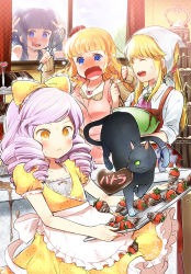Rule 34 | 1boy, 3girls, :&lt;, alternate costume, androgynous, apron, beatrice (umineko), black hair, blonde hair, blue eyes, blush, bowl, candy, cat, chocolate, chocolate covered strawberry, chocolate heart, cooking, dlanor a. knox, drill hair, drooling, fang, food, frederica bernkastel, frederica bernkastel (cat), fruit, furudo erika, hand on window, head scarf, heart, kl (dgzonbi), long hair, multiple girls, no naku koro ni (series), open mouth, pink hair, ponytail, ribbed sweater, ribbon, ryuukishi07, saliva, strawberry, sweater, tail, tail ornament, tail ribbon, tiered tray, twin drills, twintails, umineko no naku koro ni, ushiromiya lion, valentine, wavy mouth, whisk, yellow eyes