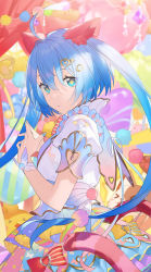 Rule 34 | 1girl, alternate costume, back bow, blue eyes, blue hair, blue nails, blurry, blurry background, bow, buckle, capelet, colorful, constellation print, crystal, curtains, dot nose, dress, expressionless, fingernails, fingers together, frills, gem, hair between eyes, hair ornament, hairclip, hands up, hatsune miku, heart, heart-shaped buckle, heart-shaped hole, heart hair ornament, heart print, heiwa (murasiho), highres, kemonomimi mode, lace, lace-trimmed dress, lace trim, layered dress, long hair, looking at viewer, multicolored clothes, multicolored dress, nail polish, polka dot, polka dot dress, pom pom (clothes), puffy short sleeves, puffy sleeves, red ribbon, ribbon, ribbon print, shooting star, short sleeves, sidelighting, solo, star (symbol), star print, striped ribbon, stuffed animal, stuffed cat, stuffed chicken, stuffed toy, symbol-shaped pupils, twintails, two-sided dress, two-sided fabric, vocaloid, white bow, yellow ribbon