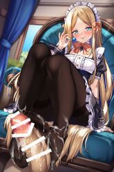 Rule 34 | 1boy, 1girl, abigail williams (fate), black bow, black dress, blonde hair, blue eyes, blush, bow, breasts, brown pantyhose, candy, censored, chair, cum, cum on body, cum on feet, dress, erection, fate/grand order, fate (series), feet, food, footjob, forehead, hetero, highres, legs, lollipop, long hair, looking at viewer, maid headdress, orange bow, pantyhose, parted bangs, penis, puffy short sleeves, puffy sleeves, shirokuma a, short sleeves, sitting, small breasts, smile, soles, toes, tongue, tongue out, wrist cuffs