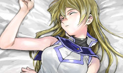 Rule 34 | 1girl, 203wolves, bare arms, bare shoulders, bed sheet, blonde hair, breasts, buttons, closed eyes, commentary request, duel academy uniform (yu-gi-oh! gx), highres, long hair, lying, medium breasts, on back, parted lips, simple background, sleeping, tenjouin asuka, turtleneck, uniform, yu-gi-oh!, yu-gi-oh! gx