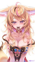 Rule 34 | 1girl, absurdres, animal ear fluff, animal ears, antenna hair, bare shoulders, blonde hair, blush, breasts, candy, chocolate, chocolate heart, choker, cleavage, collarbone, colored inner hair, facial mark, food, fox ears, fox girl, fox tail, heart, heart-shaped pupils, highres, hololive, large breasts, long hair, messy hair, mouth hold, multicolored hair, no headwear, omaru polka, omaru polka (1st costume), pink hair, purple eyes, solo, strap slip, streaked hair, symbol-shaped pupils, tail, twitter username, upper body, v arms, virtual youtuber, wuest