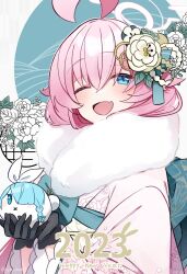 Rule 34 | 2023, 2girls, :d, ahoge, akym, animal, arona (blue archive), black gloves, blue archive, blue background, blue bow, blue eyes, blue hair, blue sash, blush, blush stickers, bow, crossed bangs, fang, floral background, floral print, flower, frilled kimono, frills, fur-trimmed kimono, fur collar, fur trim, gloves, hair flaps, hair flower, hair ornament, halo, happy new year, highres, holding, holding animal, hoshino (blue archive), japanese clothes, kimono, lace, lace-trimmed gloves, lace trim, long hair, multiple girls, new year, obi, one eye closed, open mouth, pink hair, pink kimono, rabbit, raised eyebrows, sash, seigaiha, skin fang, smile, solo focus, upper body, waist bow, white background, wide sleeves, x