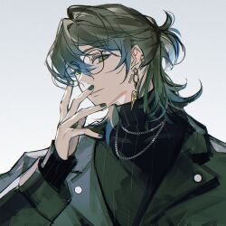 Rule 34 | 1boy, alternate hairstyle, black jacket, black sweater, blue eyes, chain, chain necklace, closed mouth, ear piercing, earrings, glasses, green eyes, green hair, green nails, grey background, hair between eyes, haisaijun, hand up, highres, ike eveland, jacket, jewelry, long sleeves, looking at viewer, male focus, medium hair, multicolored hair, necklace, nijisanji, nijisanji en, piercing, simple background, solo, sweater, turtleneck, turtleneck sweater, upper body, virtual youtuber