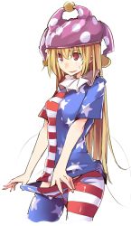 Rule 34 | 1girl, american flag dress, american flag legwear, american flag shirt, blonde hair, clothes pull, clownpiece, fairy wings, hat, jester cap, kamukamu (ars), long hair, looking away, looking up, open mouth, pantyhose, pantyhose pull, print pantyhose, red eyes, shirt, short sleeves, simple background, smile, solo, star (symbol), striped clothes, striped pantyhose, sweatdrop, touhou, very long hair, white background, wings