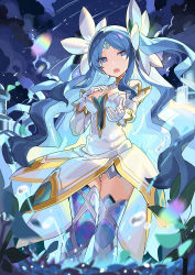 Rule 34 | 1girl, blue eyes, blue hair, blue thighhighs, breasts, cleavage, commentary request, detached sleeves, dress, facial mark, falken (yutozin), flower, forehead mark, gloves, hair flower, hair ornament, hand on own chest, highres, long hair, medium breasts, open mouth, original, solo, standing, thighhighs, thighs, twintails, very long hair, white dress, white gloves