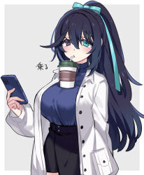 Rule 34 | 1girl, black eyes, black hair, black skirt, blue sweater, blush, border, breasts, bubble tea challenge, cellphone, closed mouth, coat, cup, disposable cup, drinking straw, genderswap, genderswap (mtf), grey background, hand up, heterochromia, high ponytail, highres, holding, holding phone, hong lu (project moon), large breasts, limbus company, long hair, long sleeves, object on breast, phone, project moon, shiki (shikki46), sidelocks, simple background, skirt, smartphone, solo, sweater, very long hair, white border, white coat