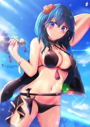 Rule 34 | 1girl, arm up, artist name, bikini, black bikini, blue eyes, blue hair, blue sky, blush, breasts, byleth (female) (fire emblem), byleth (female) (summer) (fire emblem), byleth (fire emblem), chinchongcha, cleavage, closed mouth, dagger, day, fire emblem, fire emblem: three houses, fire emblem heroes, flower, hair flower, hair ornament, highres, holding, knife, large breasts, medium breasts, nintendo, official alternate costume, outdoors, sheath, sheathed, sky, smile, solo, standing, swimsuit, wading, water, weapon