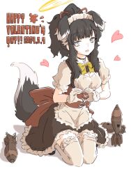 Rule 34 | 1girl, alternate costume, ammunition, animal ears, apron, black choker, black hair, blue archive, blue eyes, bow, breasts, bright pupils, choker, cleavage, dog ears, dog tail, english text, extra ears, frilled apron, frilled hairband, frilled skirt, frilled thighhighs, frills, gloves, hairband, halo, happy valentine, hariyaa, heart, heart hands, hibiki (blue archive), highres, kneeling, medium breasts, medium hair, mortar shell, short sleeves, sidelocks, simple background, skirt, solo, tail, thighhighs, underbust, waist apron, white background, white gloves, white thighhighs, yellow bow, yellow halo