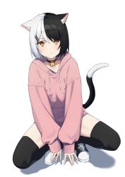 Rule 34 | 1girl, absurdres, animal ear fluff, animal ears, bell, between legs, black choker, black footwear, black hair, black thighhighs, blush, cat ears, cat girl, cat tail, choker, closed mouth, copyright request, drawstring, eyebrows hidden by hair, full body, hand between legs, highres, hood, hood down, hoodie, jingle bell, long sleeves, looking at viewer, multicolored hair, neck bell, pink hoodie, puffy long sleeves, puffy sleeves, shadow, shoes, silver hair, sleeves past wrists, solo, spread legs, squatting, syhan, tail, thighhighs, thighs, two-tone hair, virtual youtuber, white background