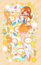 1girl alternate_costume bag blue_eyes brown_hair character_name earrings fire_flower flipped_hair flower_earrings handbag highres jewelry long_hair looking_at_viewer mario_(series) meowwniz nintendo one_eye_closed open_mouth princess_daisy school_uniform short_sleeves smile solo