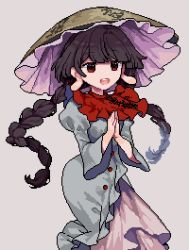 Rule 34 | 1girl, black hair, braid, breasts, brown hat, buttons, capelet, dress, frills, grey background, grey dress, hands up, hat, juliet sleeves, long hair, long sleeves, looking to the side, medium breasts, open mouth, own hands together, puffy sleeves, red capelet, red eyes, risui (suzu rks), simple background, smile, solo, standing, teeth, tongue, touhou, twin braids, wide sleeves, yatadera narumi