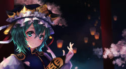 Rule 34 | 1girl, blue ribbon, blue vest, blurry, blurry background, blush, buttons, cherry blossoms, chinese commentary, closed mouth, commentary request, expressionless, frills, gate, gold trim, green eyes, green hair, hair between eyes, hat, highres, holding, lantern, long sleeves, looking at viewer, night, paper lantern, petals, pointing, puffy long sleeves, puffy sleeves, ribbon, rod of remorse, shiki eiki, short hair, sky lantern, solo, touhou, tuanz, upper body, vest