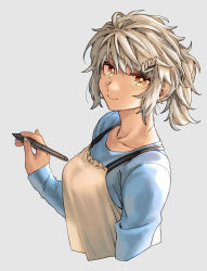 Rule 34 | 1girl, apron, blue shirt, breasts, brown apron, closed mouth, commentary, cropped shoulders, english commentary, ergot, grey background, hair ornament, highres, holding, holding stylus, light brown hair, long sleeves, looking at viewer, medium breasts, orange eyes, original, ponytail, shirt, signature, simple background, solo, stylus, upper body