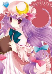 Rule 34 | 1girl, book, bow, capelet, crescent, crescent moon, female focus, fingernails, frills, hair bow, hat, long hair, moon, nail, nail polish, patchouli knowledge, purple eyes, purple hair, ribbon, sai ren, solo, touhou, white nails, wide sleeves