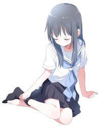 1girl black_hair black_skirt blue_neckwear buchi_(y0u0ri_) closed_eyes female_focus highres original sailor_collar school_uniform shirt simple_background single_sock sitting skirt socks solo white_background white_shirt