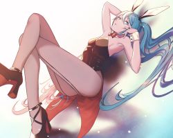 Rule 34 | 1girl, :d, animal ears, armpits, back-seamed legwear, bad id, bad pixiv id, black footwear, black leotard, blue eyes, blue hair, bow, bowtie, breasts, fake animal ears, full body, hair between eyes, hair ornament, hatsune miku, highres, huge filesize, leotard, long hair, looking at viewer, lying, on back, open mouth, pantyhose, parted lips, playboy bunny, rabbit ears, rabbit girl, red bow, red bowtie, seamed legwear, sideboob, small breasts, smile, solo, strapless, strapless leotard, very long hair, vocaloid, wakahiko, wrist cuffs