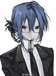 Rule 34 | 1girl, black eyes, black hair, black jacket, black necktie, black sleeves, blue hair, chinese commentary, closed mouth, coattails, collared jacket, collared shirt, commentary request, formal, frown, glasses, guigui rongrong, hair bun, high collar, highres, jacket, long sleeves, multicolored hair, necktie, open clothes, open jacket, original, pale skin, shirt, short hair, simple background, single hair bun, solo, suit, two-tone hair, upper body, watermark, weibo logo, weibo watermark, white background, white shirt
