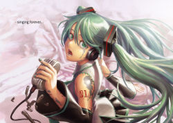 Rule 34 | 1girl, android, aqua eyes, aqua hair, detached sleeves, dnlin, hatsune miku, headphones, long hair, looking at viewer, microphone, microphone stand, music, open mouth, singing, solo, twintails, vintage microphone, vocaloid