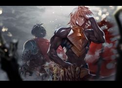 Rule 34 | 2boys, armor, back-to-back, battlefield, belt, black hair, blonde hair, blurry, blurry foreground, breastplate, cape, cloud, cloudy sky, covered navel, grey sky, grin, gyudong123, hair over one eye, hand on own hip, hand on own face, highres, letterboxed, male focus, multiple boys, muscular, original, outdoors, pauldrons, planted, planted sword, planted weapon, red cape, shoulder armor, sky, smile, sword, torn cape, torn clothes, vambraces, weapon, yellow eyes