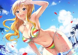 Rule 34 | 10s, 1girl, armpits, bare arms, bare legs, bikini, blonde hair, blue eyes, blue skirt, breasts, cleavage, cloud, cloudy sky, day, halterneck, idolmaster, idolmaster cinderella girls, jewelry, large breasts, leaning forward, long hair, navel, necklace, ohtsuki yui, open mouth, palm tree, revision, side-tie bikini bottom, skirt, sky, smile, solo, standing, stomach, striped bikini, striped clothes, summer, sunlight, swimsuit, takeashiro, tree, wading, water, wavy hair