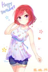 Rule 34 | 10s, 1girl, artist name, blush, breasts, cowboy shot, dated, floral print, hand in own hair, happy birthday, highres, looking at viewer, love live!, love live! school idol festival, love live! school idol project, medium breasts, nishikino maki, purple eyes, red hair, short hair, shorts, sleeveless, smile, solo, yuyan