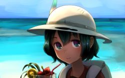 Rule 34 | 10s, 1girl, backpack, bag, beach, commentary request, day, drinking straw, flower, food, fruit, green eyes, green hair, hair between eyes, hat, hat feather, kaban (kemono friends), kemono friends, kiwi (fruit), looking at viewer, portrait, red shirt, shirt, short hair, smile, solo, tropical drink, welt (kinsei koutenkyoku), white hat