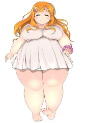 Rule 34 | 1girl, :3, ^ ^, absurdres, bad id, bad pixiv id, barefoot, blush, breasts, brown hair, chemise, closed eyes, collarbone, closed eyes, facing viewer, fat, feet, flower, full body, hair flower, hair ornament, highres, huge breasts, kurokaze no sora, long hair, nightgown, obese, orange hair, original, scrunchie, smile, soles, solo, standing, thick arms, thick thighs, thighs, toes, transparent background, wrist scrunchie