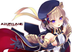 Rule 34 | 1girl, azur lane, bare shoulders, beret, blue gloves, blue hat, breasts, cape, character name, commentary request, copyright name, cross, dress, elbow gloves, gloves, hair between eyes, hat, iron cross, light brown hair, looking at viewer, open mouth, outstretched arm, purple eyes, shirokitsune, shirt, sideboob, simple background, sleeveless, sleeveless dress, sleeveless shirt, small breasts, solo, upper body, white background, z23 (azur lane)