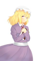Rule 34 | 1girl, absurdres, bad id, bad pixiv id, blonde hair, book, hat, highres, holding, holding book, maribel hearn, necktie, purple eyes, septet (zrca janne), solo, touhou, white background