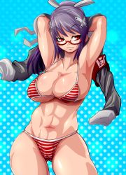 Rule 34 | 1girl, abs, armpits, arms up, bikini, breasts, glasses, jacket, large breasts, long hair, marimo (ankokumarimo), muscular, original, purple hair, red eyes, solo, striped bikini, striped clothes, swimsuit, thighs